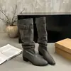 Botas de Salto Grosso Plissadas Versáteis Emagrecedoras Outono Inverno 2026 Botas de Cavaleiro Empilhadas Botas Longas Bico Fino Francês Botas de Salto Alto Novo Estilo