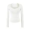 Camiseta feminina de manga longa franzida com decote coração, novo estilo outono 2026, estilo American hot girl, cor sólida, modelagem justa, blusa básica que valoriza a silhueta