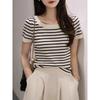 Verano Estilo Occidental Adelgazante Cuello Redondo Retro Francés Slim Camiseta Base Rayada Tejida Manga Corta Top Primavera y Verano A3579