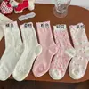 Calcetines florales rosas para niña dulce, estilo fino de primavera y verano, calcetines holgados, encaje simple, estilo japonés, calcetines de media pantorrilla, moño
