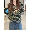 Cárdigan de punto a rayas estilo perezoso de principios de otoño, suéter de manga larga para mujer, simple y versátil, adecuado para el uso casual diario, con cuello redondo, perfecto para ir al trabajo