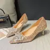 Zapatos de Mujer Elegantes Versátiles Cómodos con Lazo 2025 Primavera/Verano Nuevo Estilo Coreano Tacones Altos Brillantes con Lentejuelas para Mujer