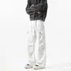 Jeans de tie-dye plisados de moda para hombre, pantalones cargo blancos holgados de pierna ancha con múltiples bolsillos, pantalones de pierna recta ligeramente acampanados