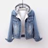 Jaqueta Curta Denim Feminina Curta Primavera e Outono Estilo coreano Nova Jaqueta de manga comprida Slim-fit com capuz All-match Student Top