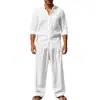 Estilo Europeo y Americano En Stock Cuatro Estaciones Lino para Hombre Casual Holgado Transpirable Camisa de Manga Larga y Pantalones Largos Conjunto de Playa Directo de Fábrica