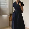 Elegante Verano Coreano Nuevo Estilo Francés Elegante Solapa Un Botón Holgado Cintura de Corbata Adelgazante Vestido Camisa