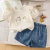 Roupas para Bebês Meninas 0-3A Verão Menina Top Floral Bordado com Manga Bufante + Shorts Jeans Em Estoque