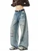Jeans de pierna ancha para mujer, estilo boyfriend, casual, de tiro alto, con estampado de pliegues lavados y efecto desgastado, corte holgado, estilo retro americano