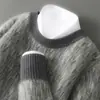 Suéter 100% Lana Pura para Hombre Cuello Redondo Bloques de Color Jacquard Engrosado Suéter Holgado Pulóver Casual Tejido Top Básico