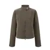 Chaqueta de cuero retro gris-verde-marrón con cuello alto, corte ajustado, para mujer, diseño de otoño, adelgazante y versátil, chaqueta corta de cuero