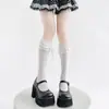Calcetines Lolita dulces estilo japonés hasta la pantorrilla con ribete de encaje y lazos apilados para niñas, lindos blancos
