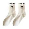 Calcetines con Lazo de Encaje para Mujer Otoño Bordados Calcetines de Mediados de Otoño Ins Tendencia Estilo Japonés Estilo Universitario Calcetines Apilados con Volantes de Madera