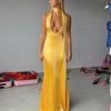 Moda Transfronteriza Europea y Americana Elegante Sexy Sexy Lv Vestido Largo de Mujer Color Sólido Brillante con Cortes Profundos en V