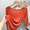 Camiseta de Manga Media para Mujer 2025 Nueva Camiseta de Mujer de Cuello Redondo Grande de Color Puro de Manga Corta Top de Cintura Elástica Camisa de Malla
