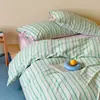Fiesta a Rayas|Estilo coreano rosa y verde a rayas simple todo algodón teñido en hilo algodón lavado juego de cuatro piezas sábana bajera de 1.8m estilo algodón puro
