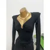 Camiseta Sexy de Estilo Chica Caliente Pura Pasión Cuadrado Expuesto Clavícula Anillo Metálico Hueco Manga Larga para Mujer Manga de Trompeta Camiseta Básica Ajustada
