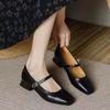 Zapatos Mary Jane Retro Franceses de Punta Cuadrada para Mujer 2025 Nuevo Otoño Versátiles Zapatos de Tacón Alto Tacón Grueso Boca Baja Flats para Mujer