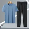 8306-2 Conjunto Esportivo Casual de Verão Masculino de Seda Gelada, Absorvente de Umidade, Respirável, Calças Compridas de Gola Redonda, Moda de Alta Qualidade, Secagem Rápida