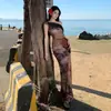 Vestido de Malla con Estampado, de un Hombro, Cuello Drapeado, Estilo Francés para Mujer, Qipao de Verano, Bodycon Largo Sexy Ajustado Cola de Pez