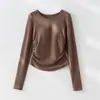 Top de Manga Longa Liso com Gola Redonda, Cintura Marcada com Pregas e Bojo para Camadas ou como Peça Externa - Nova Coleção Primavera/Outono