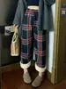 Pantalones de Cuadros Forrados de Polar para Mujer Primavera Cintura Alta Gruesos Cálidos Pierna Recta Pantalones de Lana de Cordero Se Pueden Usar Afuera Pantalones de Cuadros Pierna Ancha
