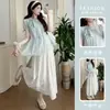 Verano 2026 Nuevo Estilo Cuello Redondo Mangas Abullonadas Lazo Babydoll Camisa Top de Maternidad + Falda de Encaje Conjunto de Maternidad
