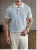 Camisa Polo de Punto Jacquard Hueco Rayas Azules y Blancas Estilo Japonés para Hombre, Camiseta Transpirable de Manga Corta para Verano con Cuello de Solapa