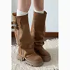 Botas de plataforma de tacón grueso retro color Maillard, botas altas para mujer, nuevo estilo de otoño 2026, botas que aumentan la altura para personas bajitas