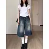 Shorts de mezclilla cropped desgastados lavados de corte holgado estilo retro americano para mujer, pantalones de pierna ancha de longitud media de diseño de moda urbana para verano