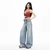 Diseño Relajado y Casual, Pantalones Anchos Desgastados, Pantalones de Mezclilla de Marca de Moda de Corte Holgado con Caída, Pantalones Largos para Mujer Color Azul Claro