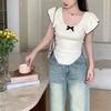 Novo Suéter Top Elegante e Versátil de Corte Justo com Gola Quadrada Verão Novo Estilo Francês Doce de Manga Curta Feminino
