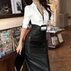 Moda Outono e Primavera 2026 Camisa de Manga Longa Estilo Sereia Fresca e Elegante para Mulheres, Conjunto de Duas Peças Saia Preta Profissional Madura