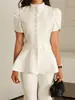 Amazon Cross-border 2026 Nova Moda Europeia e Americana Elegante Temperamento Cor Sólida Gola Alta Botão Manga Curta Cintura Alta Camisa Roupas Femininas