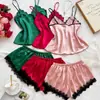 Conjunto de pijama para mujer transfronterizo con cuello de encaje, camisola y shorts, tres piezas sexy y elegante, lencería de satén de lujo, ropa de casa europea y americana
