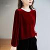 Otoño 2025 Nuevo Top de Terciopelo Rojo Camisa de Mujer Jersey Moderno de Gama Alta Camisa Básica Holgada para Mujer