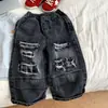 Calça Jeans Masculina Estilo Novo Primavera e Outono, Calça Reta Solta de Perna Larga para Crianças Pequenas e Médias, Calça Rasgada Estilosa para Meninos