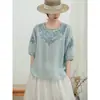Camisa de Algodón y Lino con Bordado Pesado Vintage para Mujer, Nuevo Estilo Verano 2025, Ligera, Corte Amplio, Adelgazante, Elegante Top Jersey de Cuello Redondo