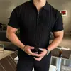 Camisa Polo Masculina de Algodão Mercerizado e Seda Gelada Gola V Gola Dobrada Slim Fit Manga Curta Moletom Fresco Fino Respirável Manga Apertada Camiseta de Tricô