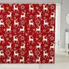 Cortina de chuveiro transfronteiriça, fundo vermelho, design vintage de Papai Noel, tema de vela, decoração de banheiro para feriado, não requer perfuração, vem com 12 ganchos