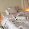 Conjunto de Quatro Peças Estilo Princesa com Renda Delicada 100% Algodão Fio Alto Algodão de Fibra Longa Algodão Puro Bordado Floral Feminino Capa de Edredom