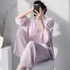 Pijama feminino de algodão e seda, estilo primavera e outono, manga longa, tamanho plus size, conjunto de calça longa com bojos, roupa de casa estampada moderna e de alta qualidade para o verão