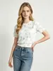 Top de punto de manga corta con estampado Primavera Verano para mujer Cuello redondo Estampado corto Capa base de seda helada Top de fábrica de origen Venta al por mayor