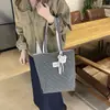 Bolsa Tote de Lona Xadrez Estilo Coreano Feminina Grande Capacidade Estudante Escola Bolsa de Ombro Único Simples Versátil Bolsa de Mão