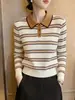 Nuevo top de punto de moda para mujer, otoño de 2026, estilo retro, bloques de color, cuello a rayas, manga larga, versátil y adelgazante para ir al trabajo