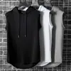 Nuevo chaleco sin mangas para hombre, camiseta casual de color liso, suéter con capucha, camiseta con cordones, sudadera hip-hop para hombre