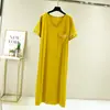 Vestido Feminino Curto de Manga Curta com Gola V e Bolso, Fino de Verão, Algodão Modal, Saia Base Solta Casual, Cobrindo a Barriga, Emagrecimento, Saia Longa