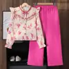 Traje de Niña 2026 Primavera Nueva Moda Estampado de Encaje Camisa de Manga Larga Cuello Redondo Pantalones Rectos de Pierna Ancha Conjunto de Dos Piezas