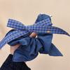 Azul Vintage Alta Sabedoria Xadrez Quadrado Intestino Grosso Anel de Cabelo Nova Moda Denim Fita Laço Etiqueta Dourada Corda de Cabelo Mulheres