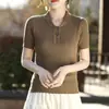 Estilo novo de verão algodão puro gola dobrável casual manga curta tricô vazado moda torcido fino slim fit camiseta top para mulheres