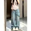 ChaoLi tem em estoque jeans estilo americano doce e cool com bordado de estrela de gato para mulheres, calças de perna larga, cintura alta, modeladoras, fofas, compridas até o chão